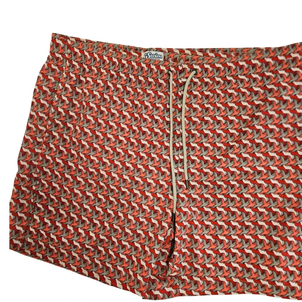 Mr. Swim Trunks Mens XXL Red Grey Bird Print Drawstring Mesh Lined 6